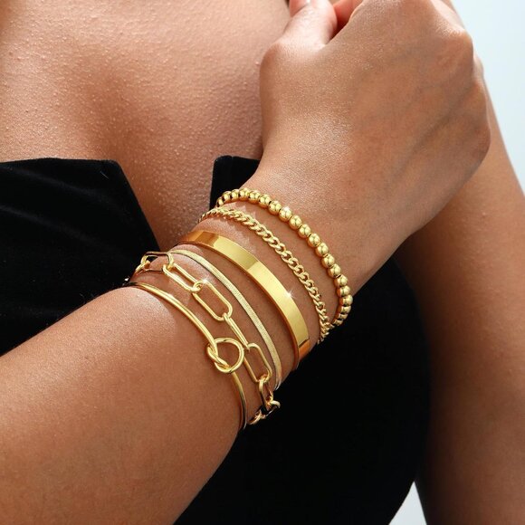Trendy 14K Gold 6-Piece Stackable Bracelet Set Waterproof & Hypoallergenic - Picture 4 of 8